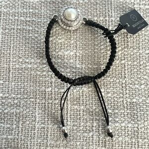 Magnolia and Vine Elegant Black and Silver adjustable Bracelet with Pearl charm